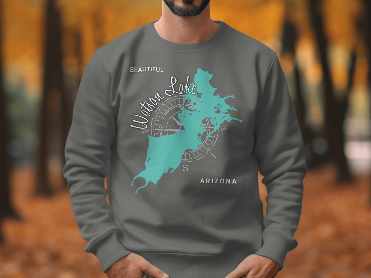 Grey sweatshirt featuring a teal map of Watson Lake, Arizona with compass rose.