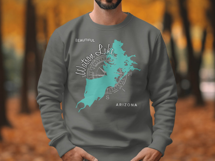 Grey sweatshirt featuring a teal map of Watson Lake, Arizona with compass rose.