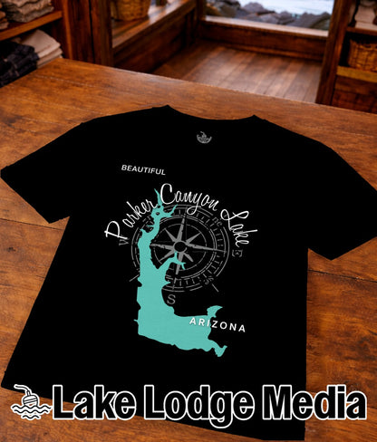 Black t-shirt with turquoise map graphic and "Beautiful Parker Canyon Lake Arizona" text.