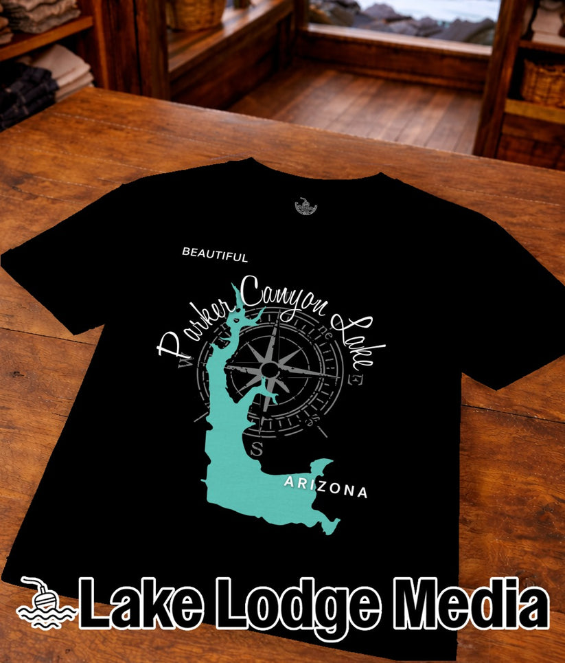 Black t-shirt with turquoise map graphic and "Beautiful Parker Canyon Lake Arizona" text.