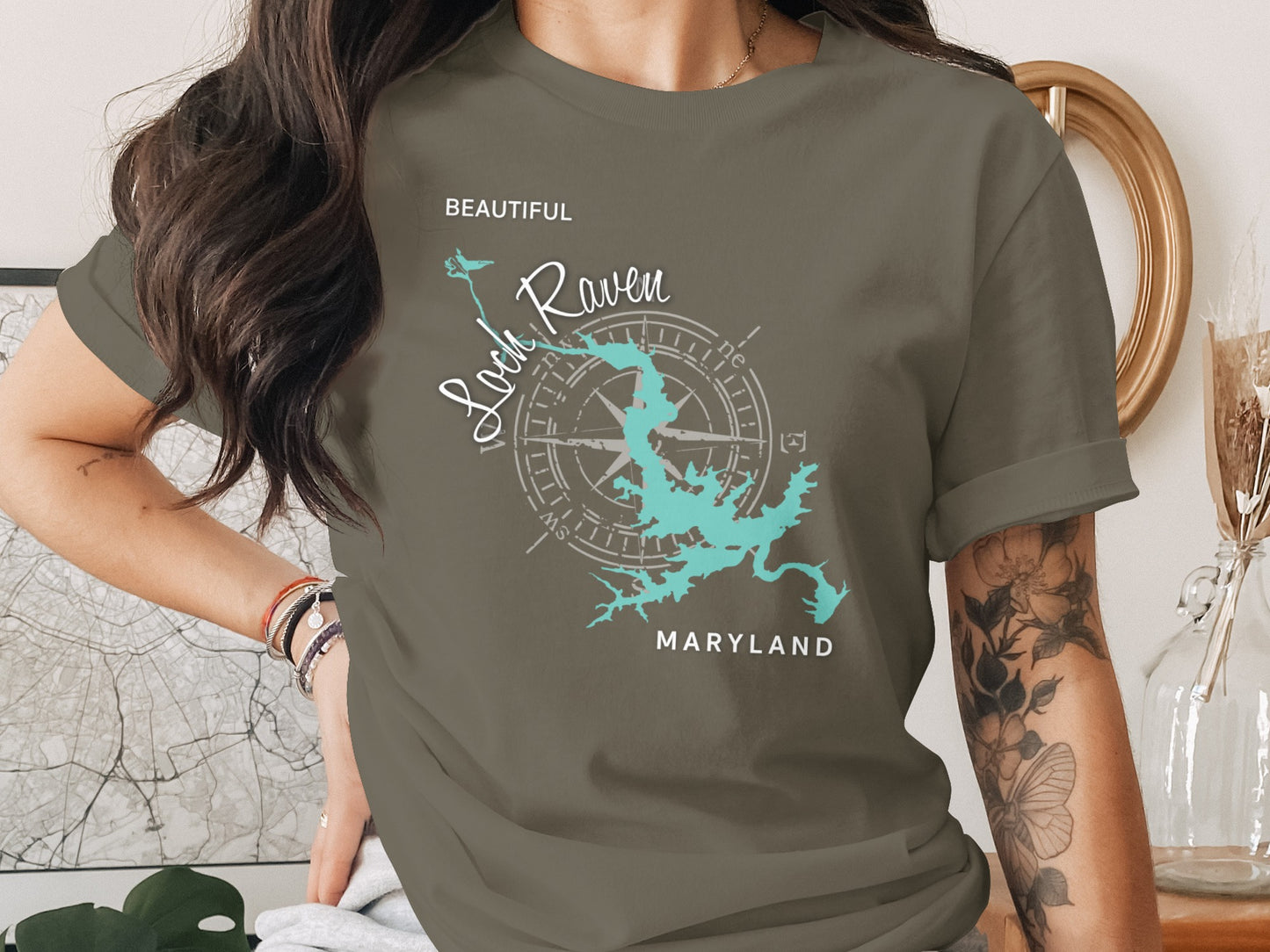 T-shirt with Lake Raven map and compass graphic.