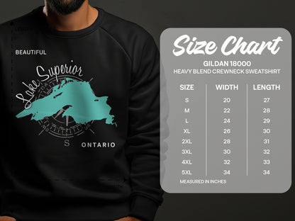 Gildan 18000 sweatshirt size chart with Lake Superior graphic.