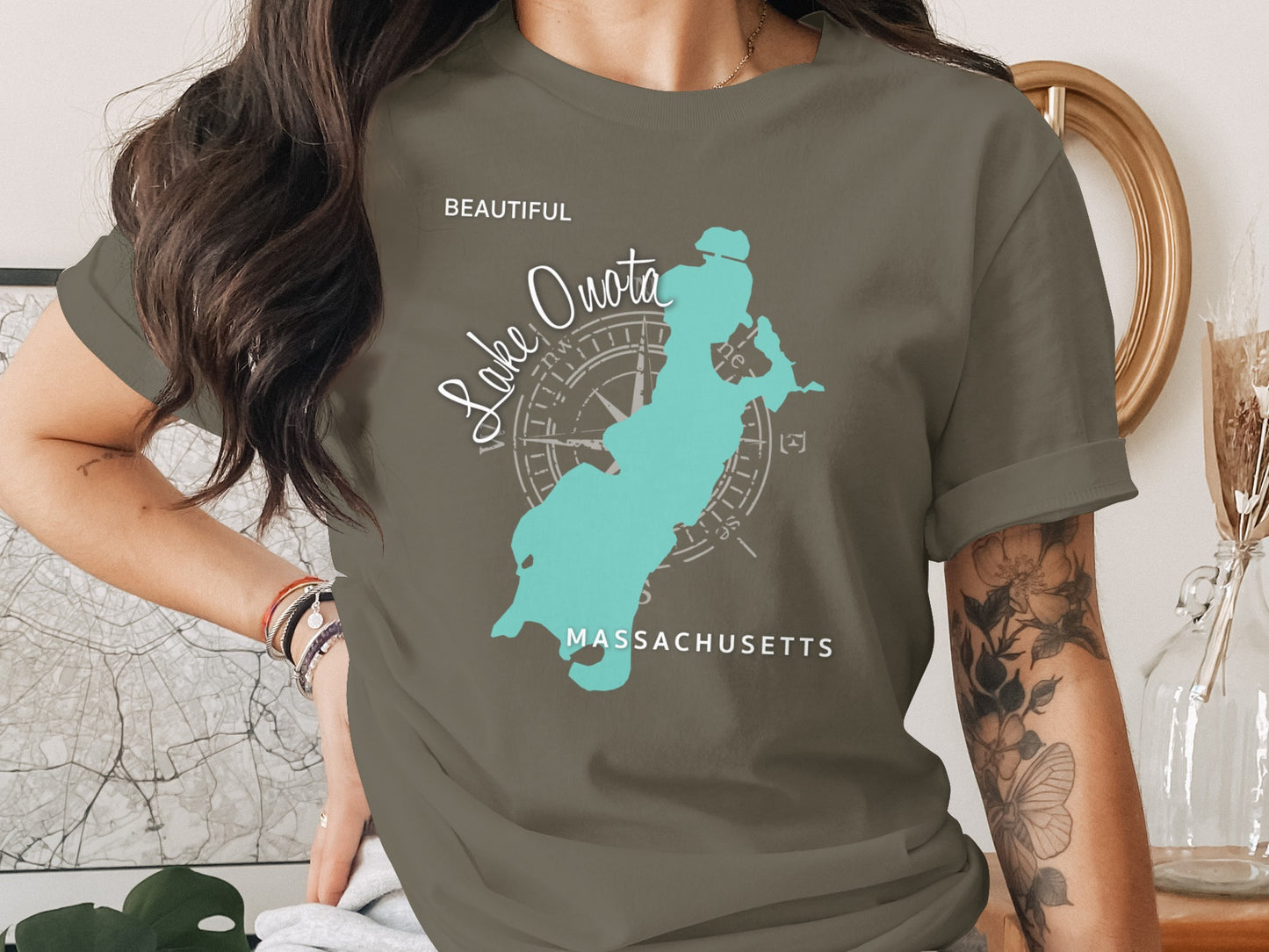 T-shirt with "Beautiful Lake Quaboag Massachusetts" text and a map graphic.