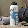 White insulated water bottle with black lid and "TAPPS" text and blue design.