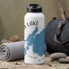 White water bottle with blue lake map design and text "MIN" and "LAKE".