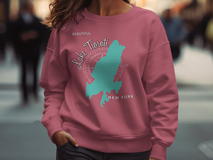 Pink sweatshirt with "Lake Tiorati" and map graphic.