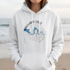 White hoodie with compass graphic and Saguaro Lake, Arizona map.