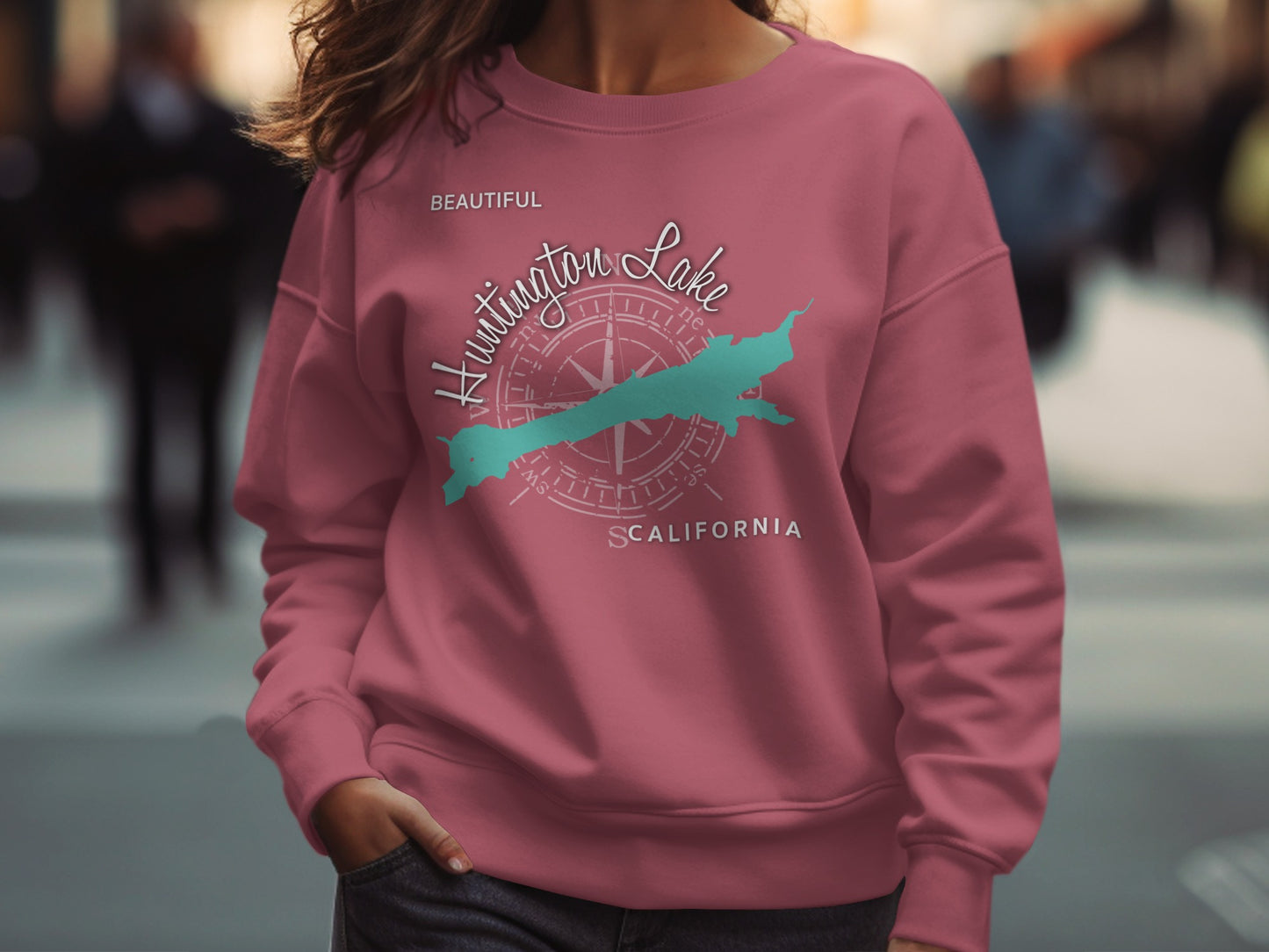 Pink sweatshirt with "Huntington Lake" and California outline.