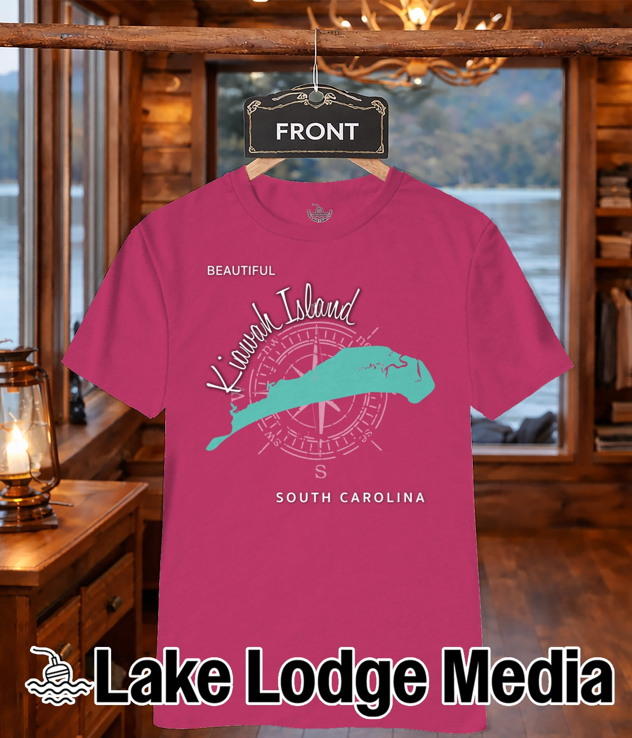 Pink t-shirt with "Kiawah Island" map and compass design.