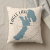 Cream pillow with blue Eagle Lake California map and compass design.