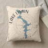 Cream pillow with blue Lake Lyman map, compass rose, and text "Lake Lyman South Carolina".