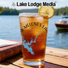 Glass of iced tea with lemon, featuring a lake map and compass graphic.