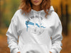 White hoodie with "Lake Rayburn Arkansas" text and compass graphic.