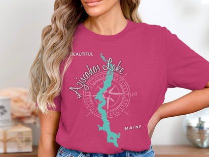 T-shirt with "Beautiful Aziscoos Lake Maine" compass rose and lake outline.