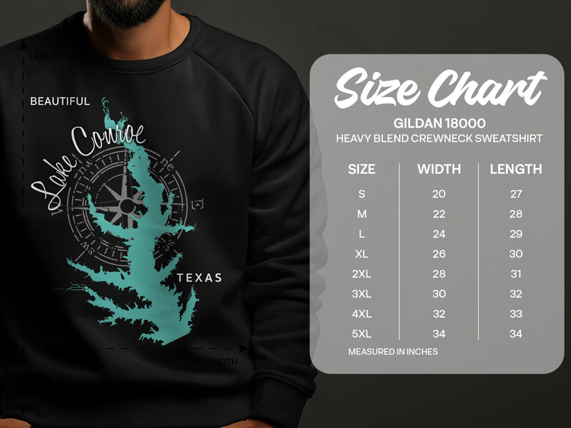 Crewneck sweatshirt with Lake Conroe, Texas map graphic and size chart.