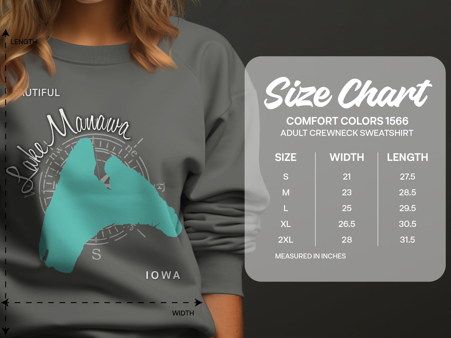 Comfort Colors 1566 sweatshirt size chart for adult crewneck sweatshirts.