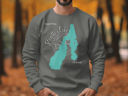 Grey sweatshirt with "Beautiful Payette Lake Idaho" and compass graphic.