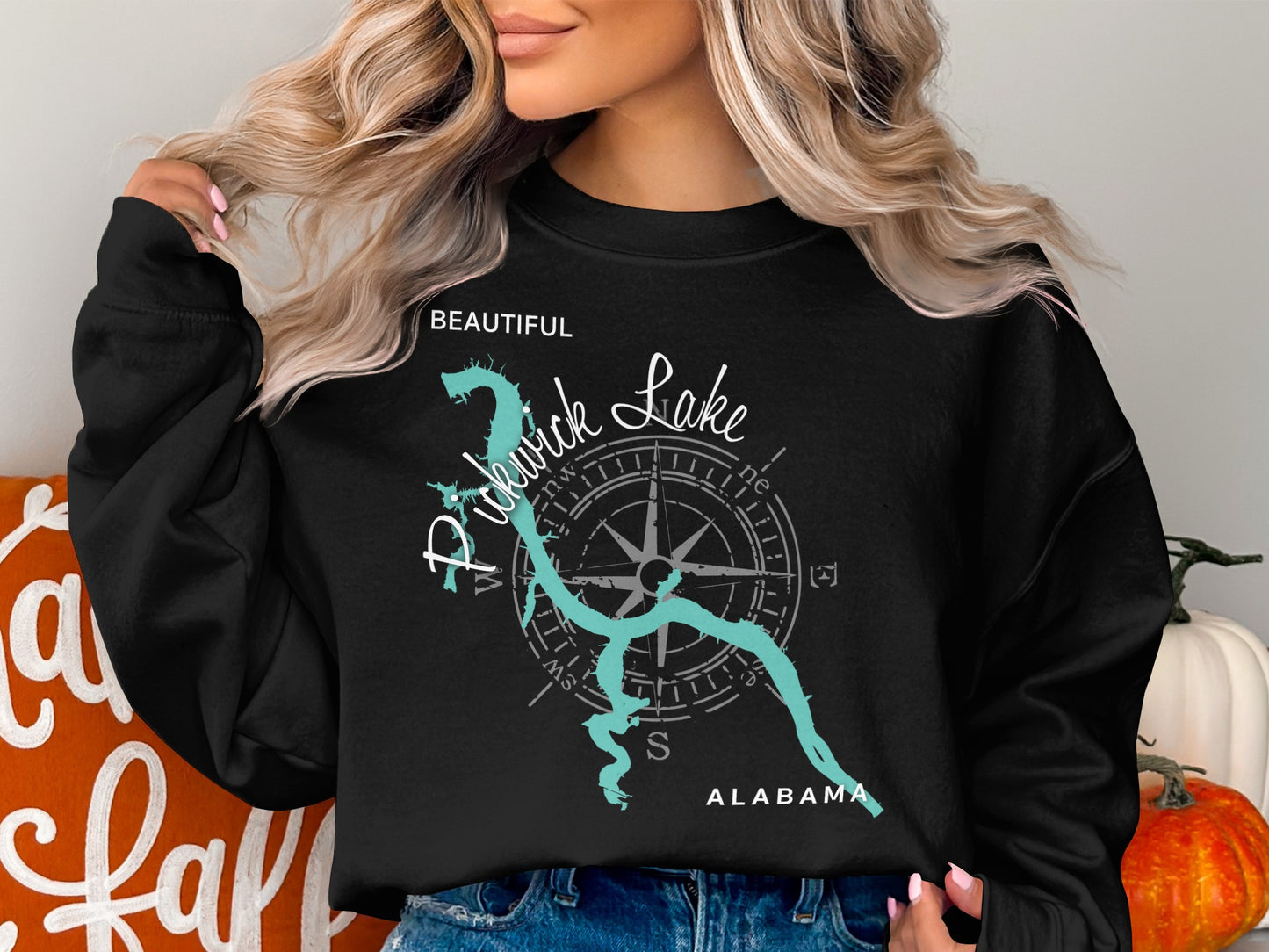 Black sweatshirt with "Beautiful Pickwick Lake Alabama" map and compass design.