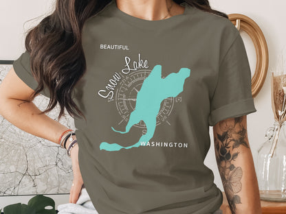 T-shirt with Snow Lake, Washington map and compass design.