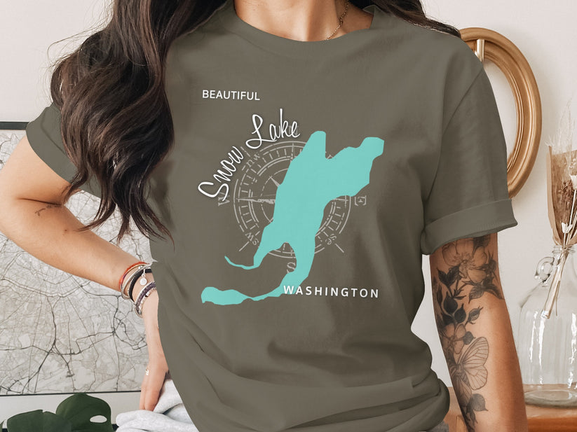 T-shirt with Snow Lake, Washington map and compass design.