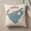 Pillow with "Lake Perris California" text and map outline.
