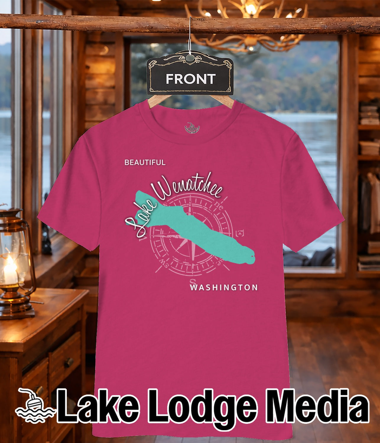 Pink t-shirt with "Lake Wenatchee Washington" graphic and compass rose.