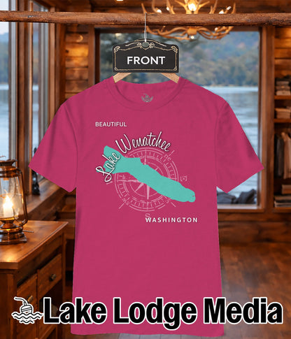 Pink t-shirt with "Lake Wenatchee Washington" graphic and compass rose.