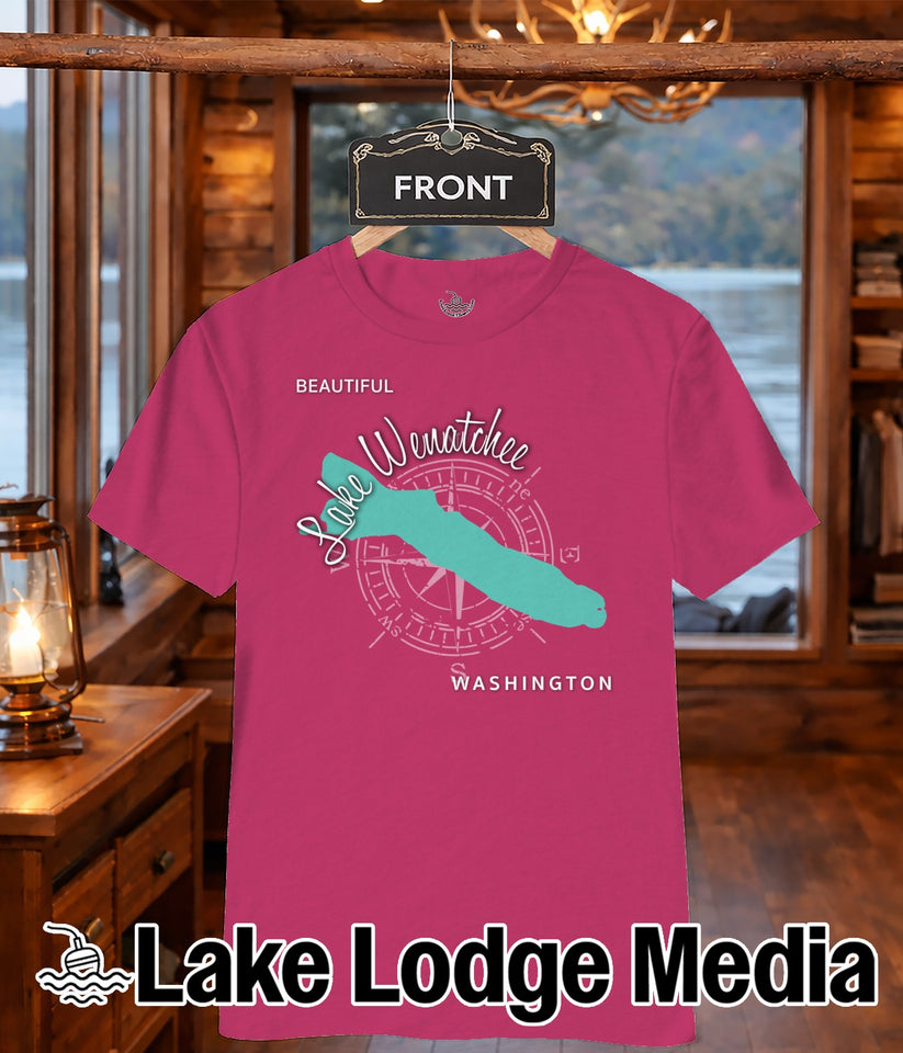 Pink t-shirt with "Lake Wenatchee Washington" graphic and compass rose.