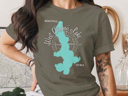 Teal West Okoboji Lake Iowa map graphic on grey t-shirt.