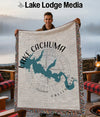 Fringed throw with Lake Cachuma map design and California text.