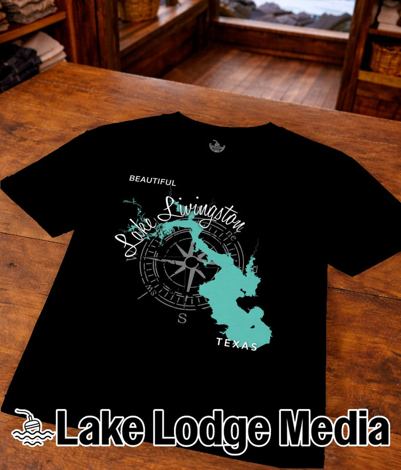 Black t-shirt with a teal outline of Lake Livingston and compass rose.