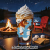 Glass with ice cream and map graphic, by a campfire and lake at night.