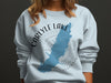 Carlyle Lake Illinois outline on a light blue sweatshirt with compass graphic.
