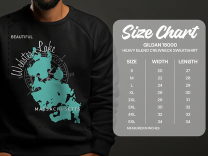 Sweatshirt with Webster Lake, Massachusetts map graphic and size chart.