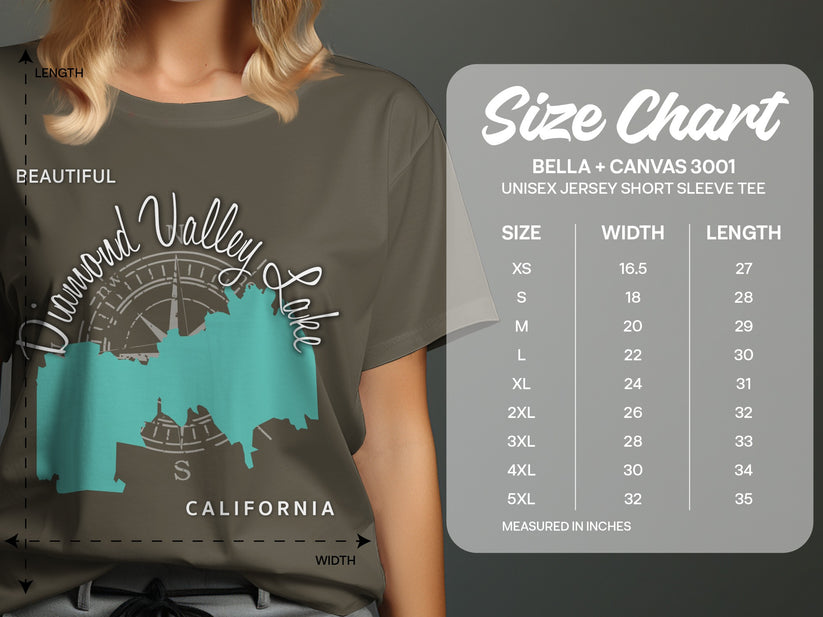 Size chart for Bella + Canvas 3001 unisex t-shirts, showing size, width, and length measurements.