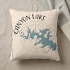 Throw pillow with Canyon Lake map and compass rose graphic, text reads "Canyon Lake Texas".