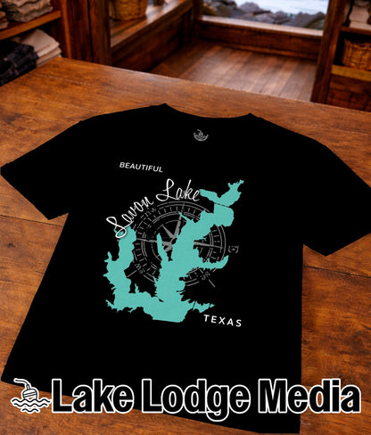 Black t-shirt with teal "Beautiful Sam Rayburn Lake Texas" map graphic and compass.