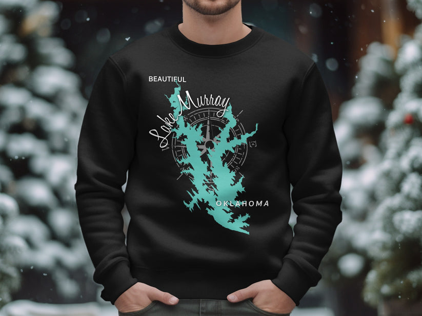 Black sweatshirt with Lake Murray Oklahoma map design.
