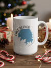 White mug with "Lake Hefner Oklahoma" map design and festive background.