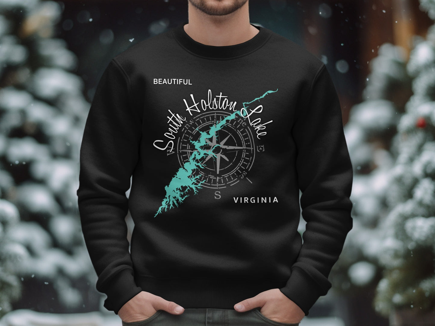 Black sweatshirt featuring a turquoise compass and map of South Holston Lake.
