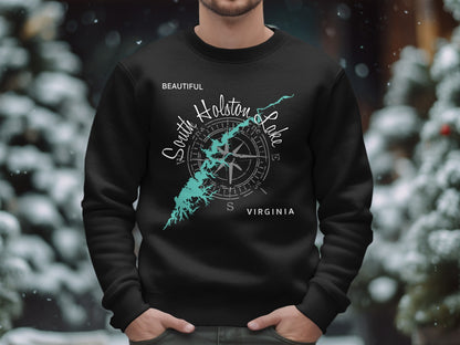 Black sweatshirt featuring a turquoise compass and map of South Holston Lake.