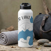 White water bottle with black lid, featuring a compass and blue lake graphic.
