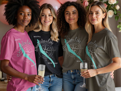 Four women wearing t-shirts with "Beautiful Lake" and compass graphic.