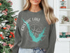 Grey graphic sweatshirt with Castaic Lake map and compass design and California text.