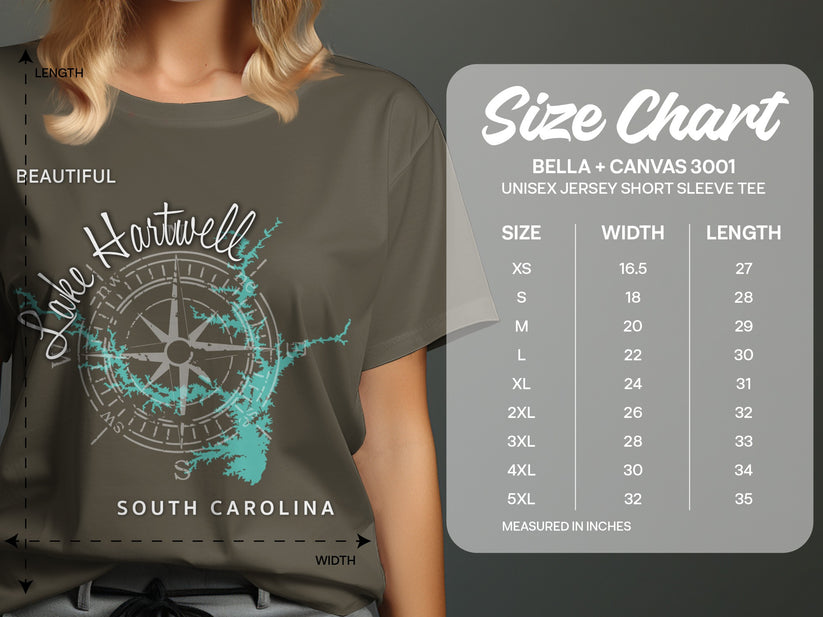 T-shirt with Lake Hartwell map and South Carolina on a size chart.