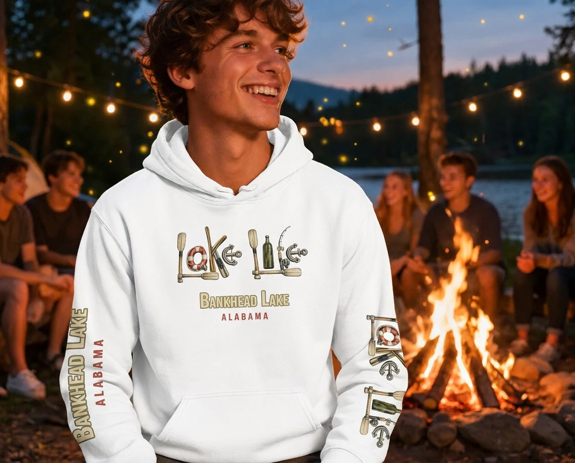 Hoodie with "Bankhead Lake Alabama" text and lake-themed graphics.