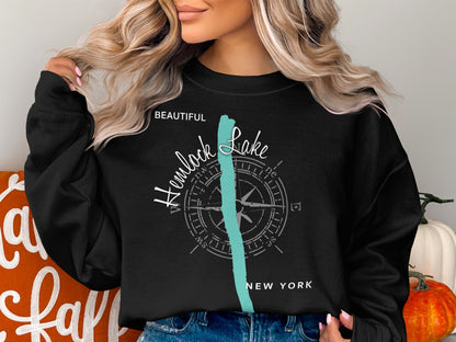 Black sweatshirt with a compass graphic and "Beautiful Hemlock Lake, New York" text.