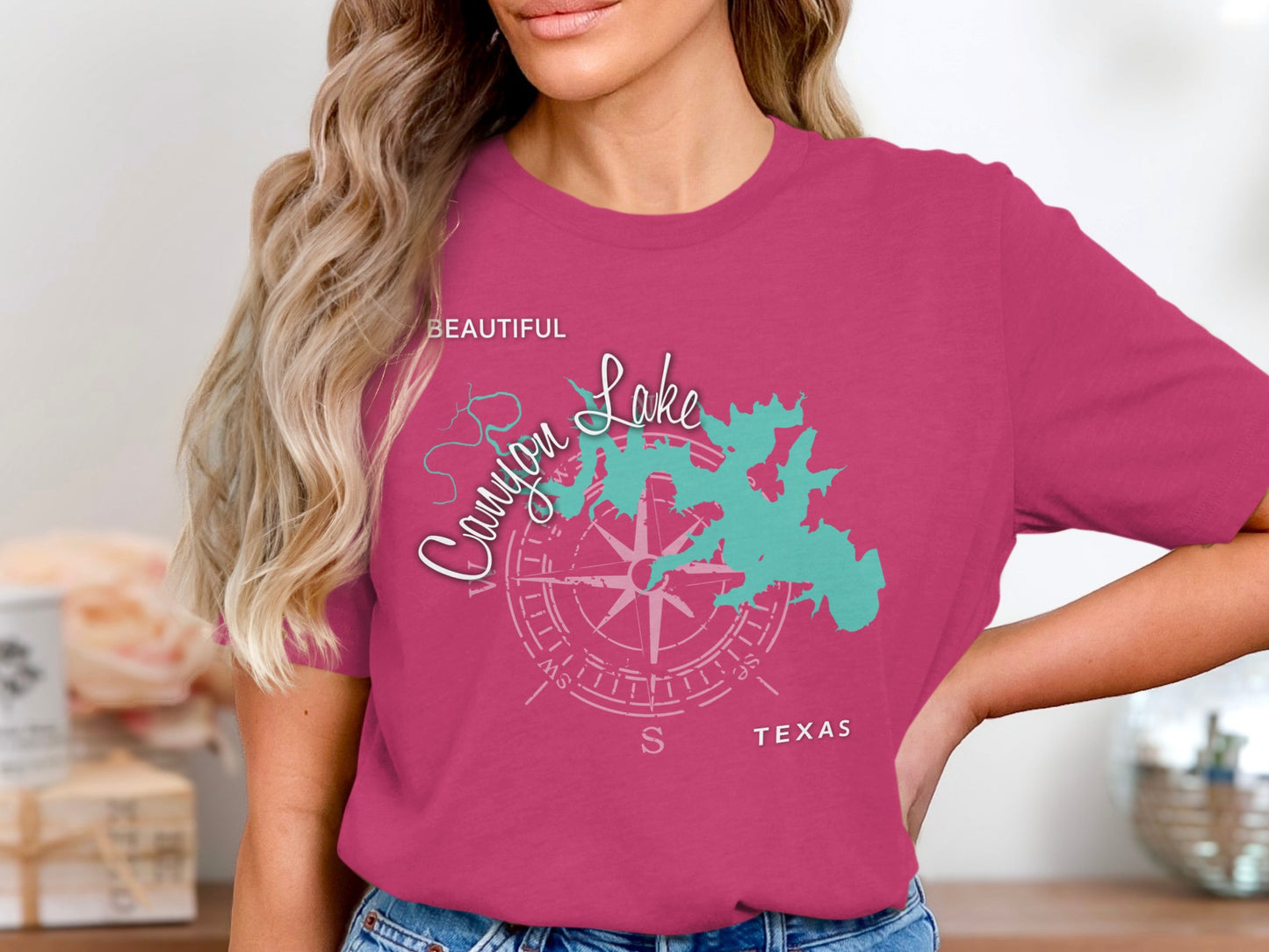 Pink t-shirt with "Beautiful Canyon Lake Texas" map and compass design.