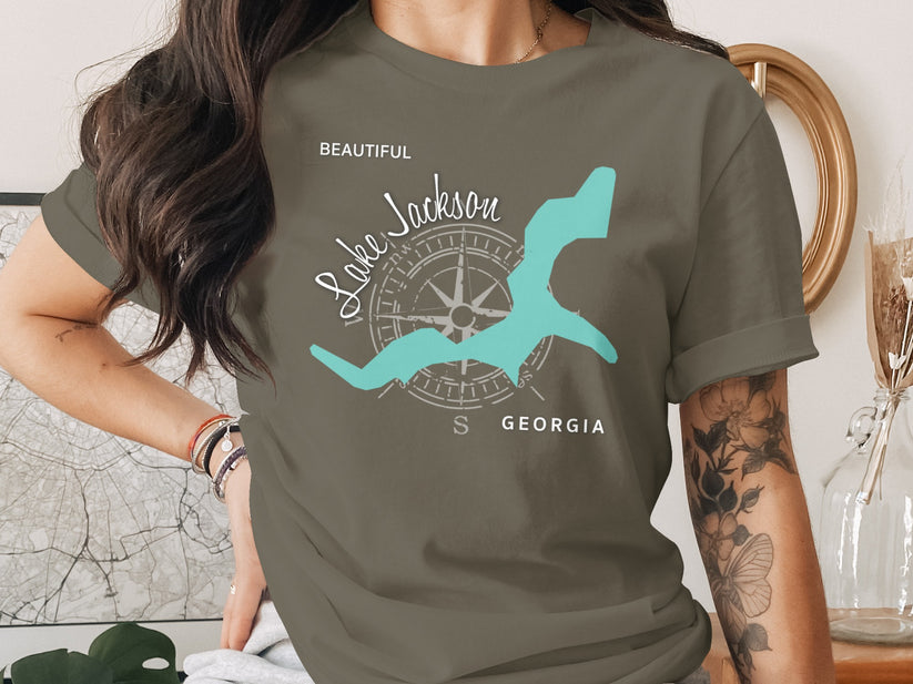 T-shirt with Lake Jackson Georgia map and compass graphic.