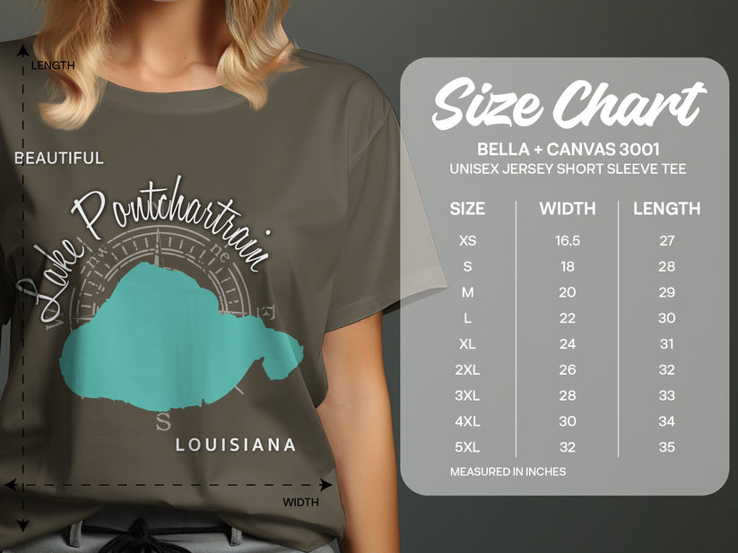T-shirt size chart with measurements for Bella + Canvas 3001 unisex jersey tee.